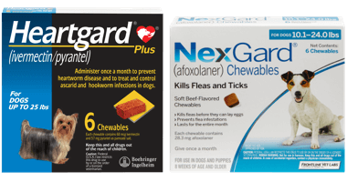 Image of the packages for 6 doses of Heartgard and 6 doses of NexGard