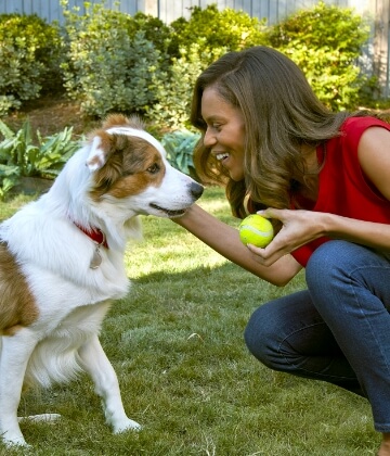 A woman pets her dog while holding a tennis ball in her hand