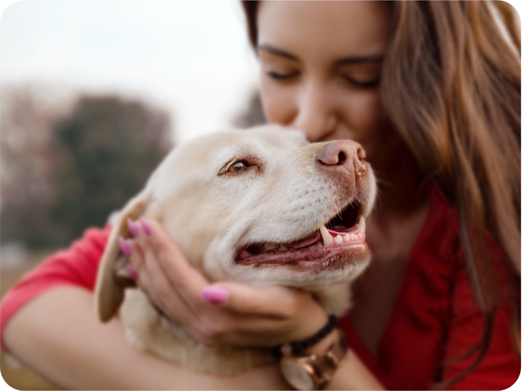 girl hugs white dog