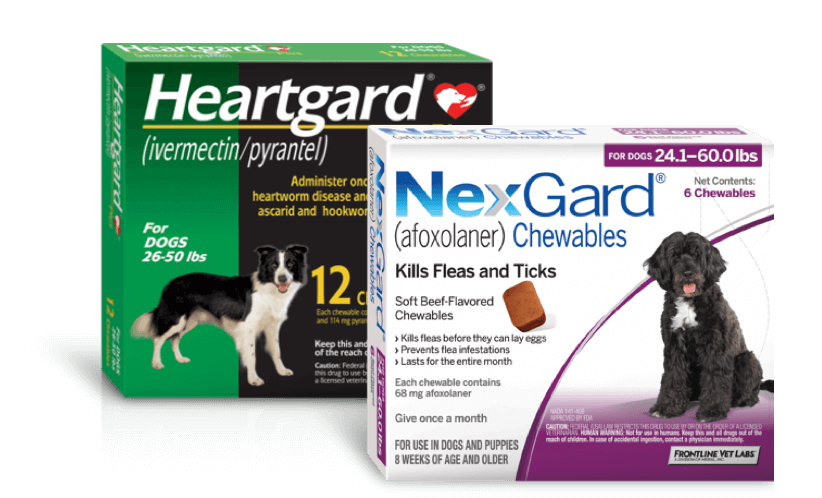 A pair of Heartgard and Nexgard packages