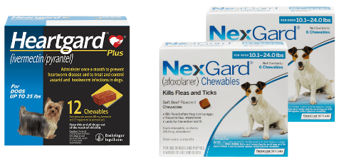 The 12 dose package of Heartgard next to 12 doses of NexGard
